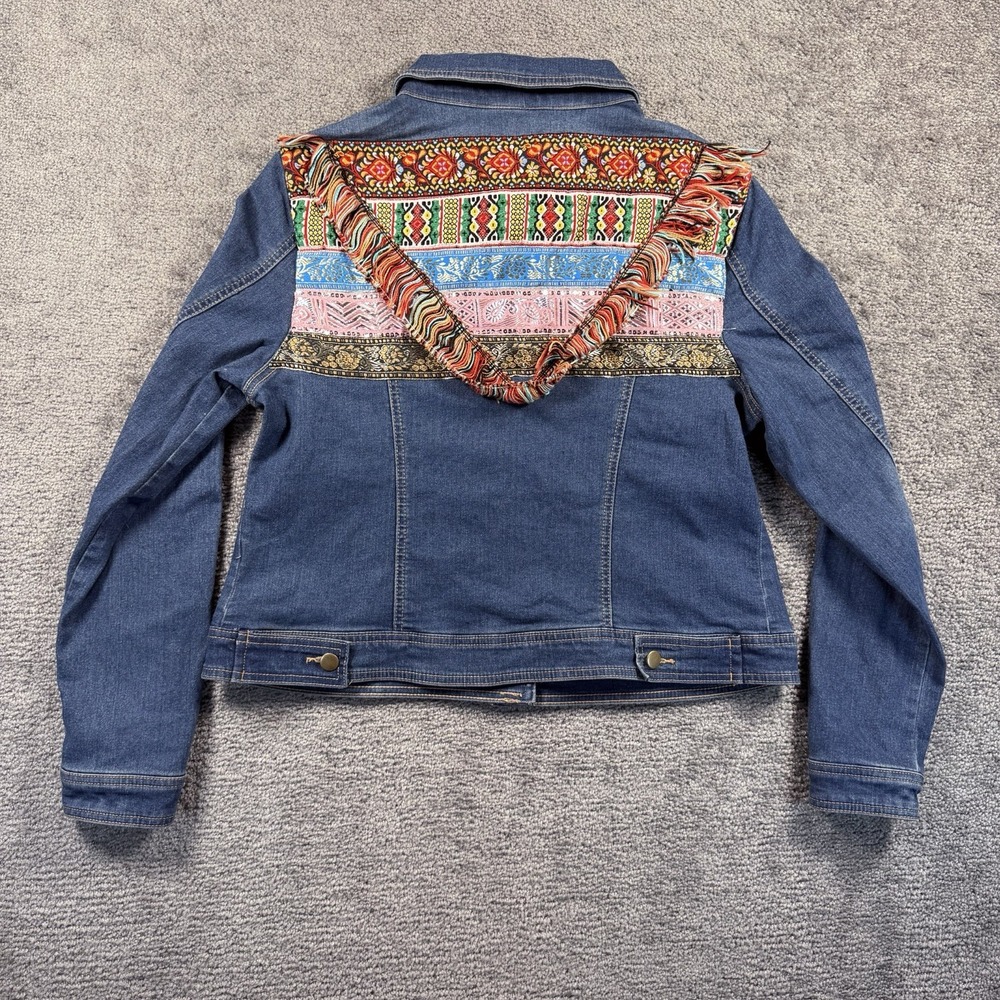 EST. 1946 Denim Jacket L Blue South Western Boho Embroidered Fringe Back Trucker